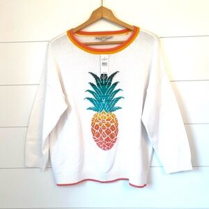 NWT $69 LOFT White Sweater with Colorful Pineapple Design. Size large
